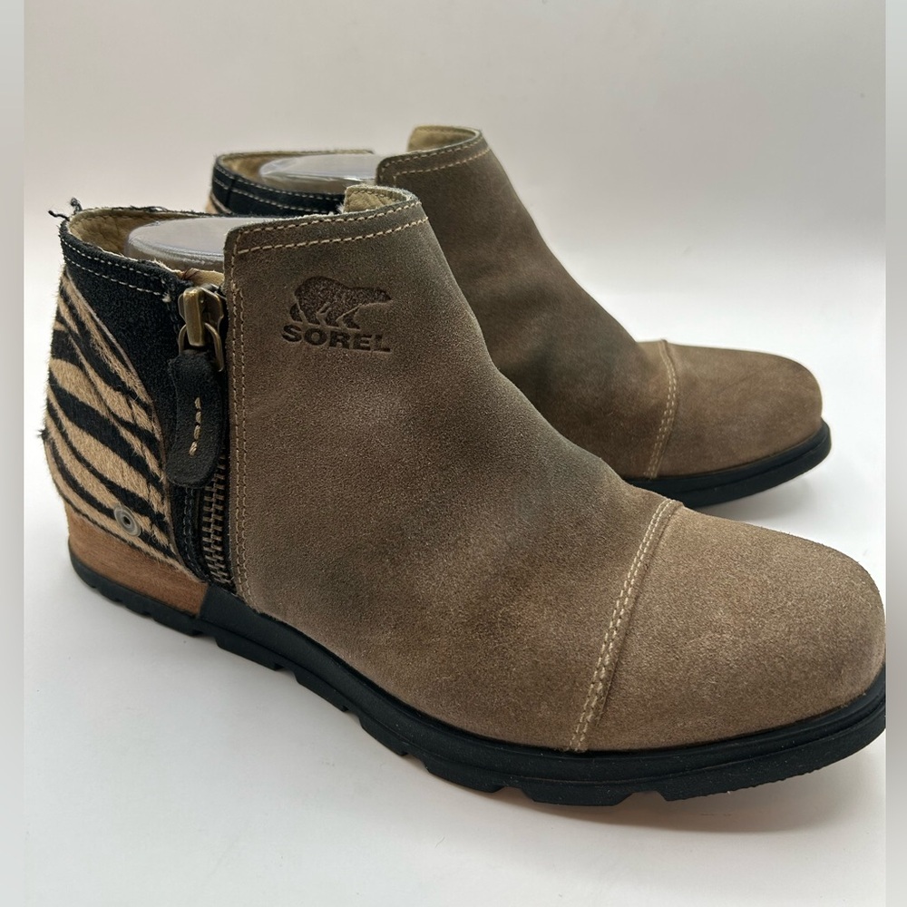Sorel Major Low Ankle Boots Booties Shoes Womens SZ 7.5 Beige Suede Fur Leather